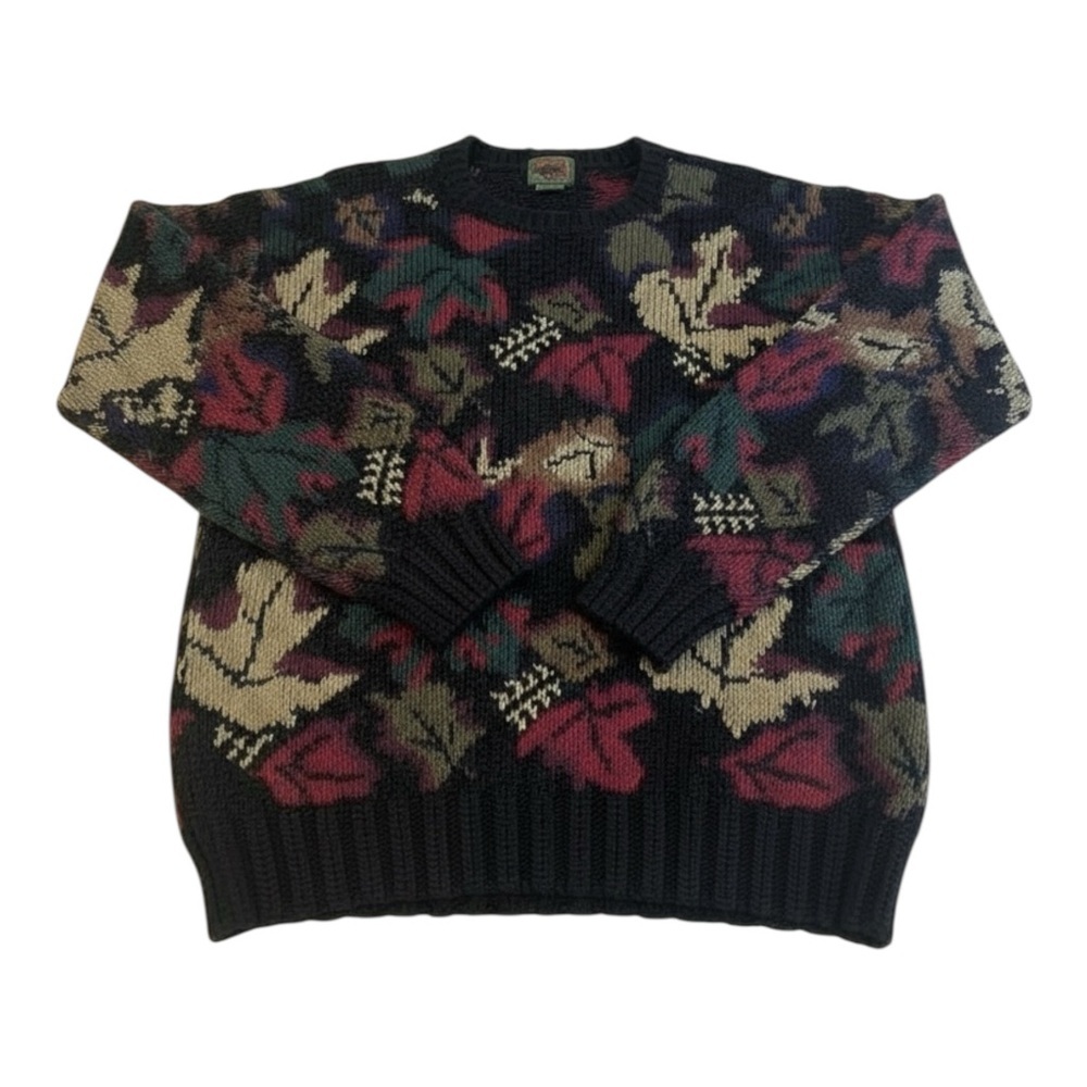 Vintage Boston Traders Fall Leaf Sweater XL Chunky Knit 90s Grandpa Pullover RD1